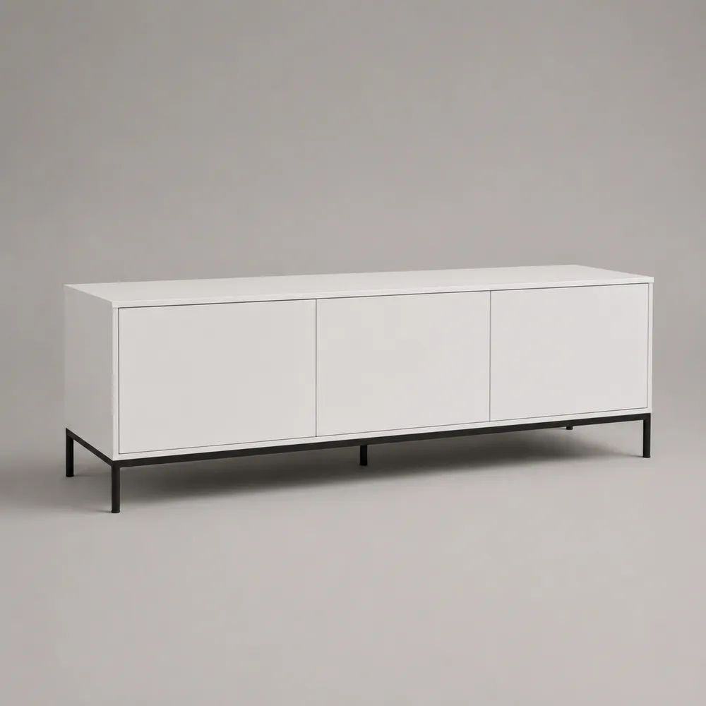 Meuble TV bas rectangulaire à 3 portes en panneaux de particules et acier, blanc et noir, 160 × 40 × 65 cm