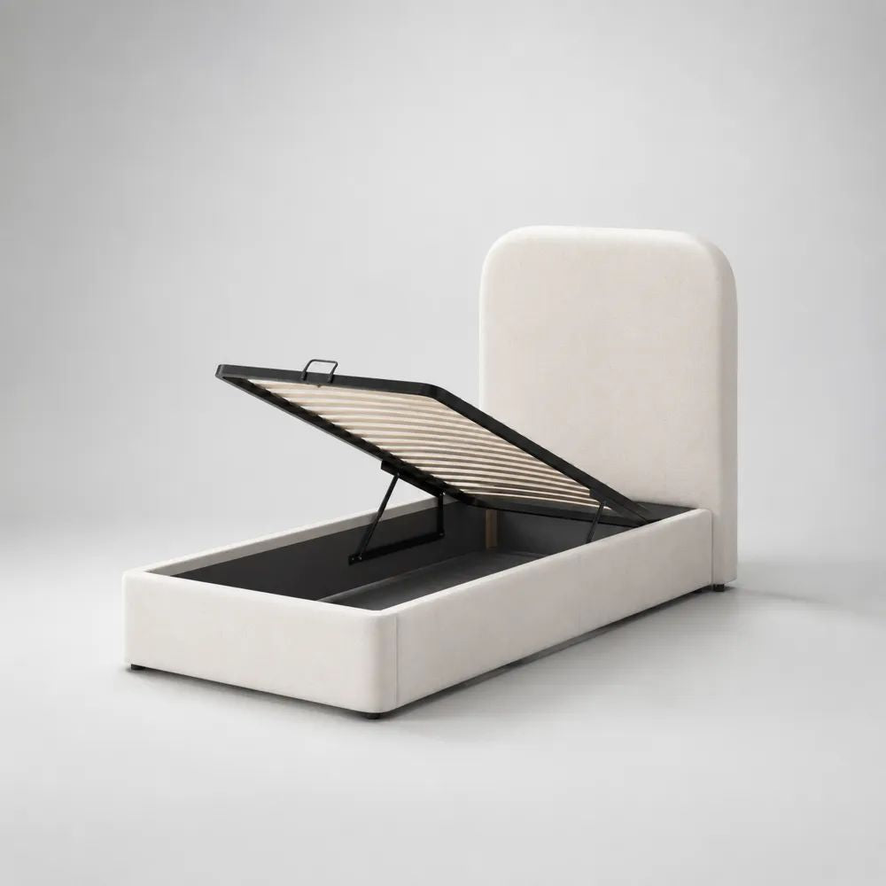 Lit coffre une place 90 × 200 cm en velours ivoire avec sommier à lattes relevable, 215 × 102 × 120 cm