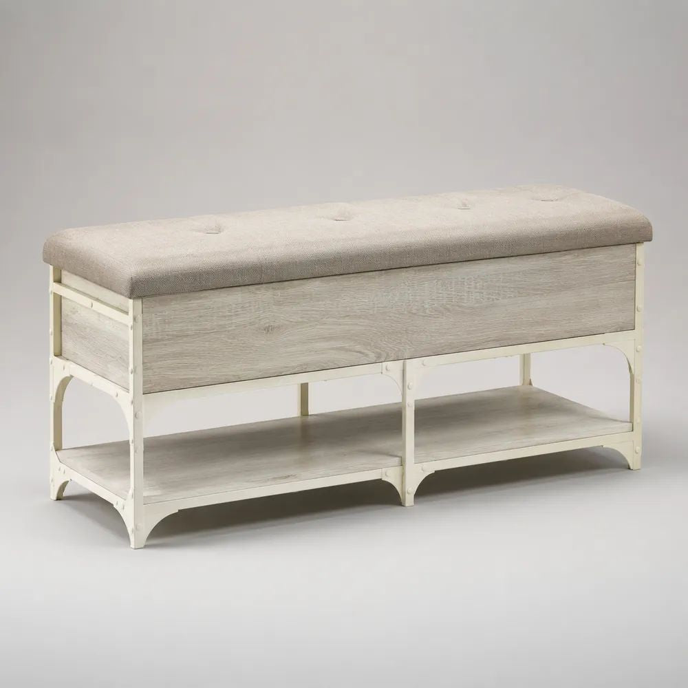 Banc à chaussures avec coffre de rangement et étagère, assise rembourrée en polyester, structure en acier et MDF, beige, blanc vieilli et gris effet chêne, 100 × 35 × 55 cm