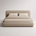 Lit coffre double 160 × 200 cm en velours polyester beige, dimensions 180 × 220 × 105 cm, tête de lit rembourrée et sommier à lattes