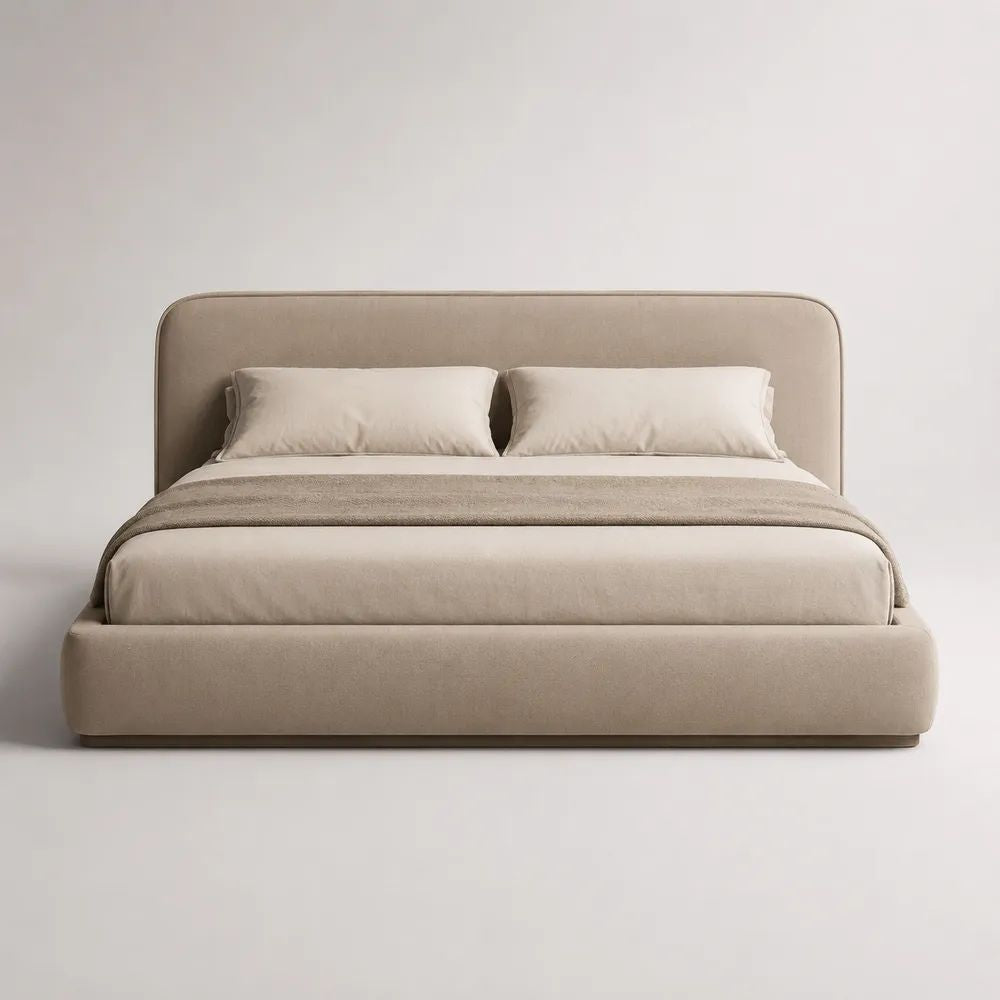 Lit coffre double 160 × 200 cm en velours polyester beige, dimensions 180 × 220 × 105 cm, tête de lit rembourrée et sommier à lattes