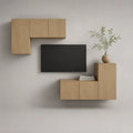 Meuble TV mural suspendu 4 pièces en panneaux de particules mélaminés chêne clair – 2 modules de 90 × 35 × 45 cm et 2 modules de 45 × 35 × 90 cm