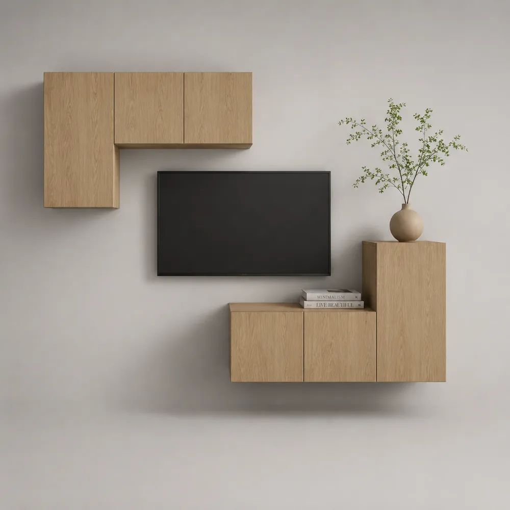 Meuble TV mural suspendu 4 pièces en panneaux de particules mélaminés chêne clair – 2 modules de 90 × 35 × 45 cm et 2 modules de 45 × 35 × 90 cm