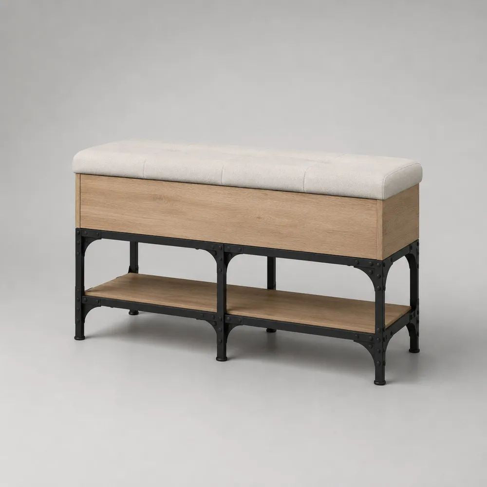 Banc à chaussures avec coffre et étagère en acier noir et bois décor chêne clair, assise en tissu écru, 100 × 35 × 60 cm