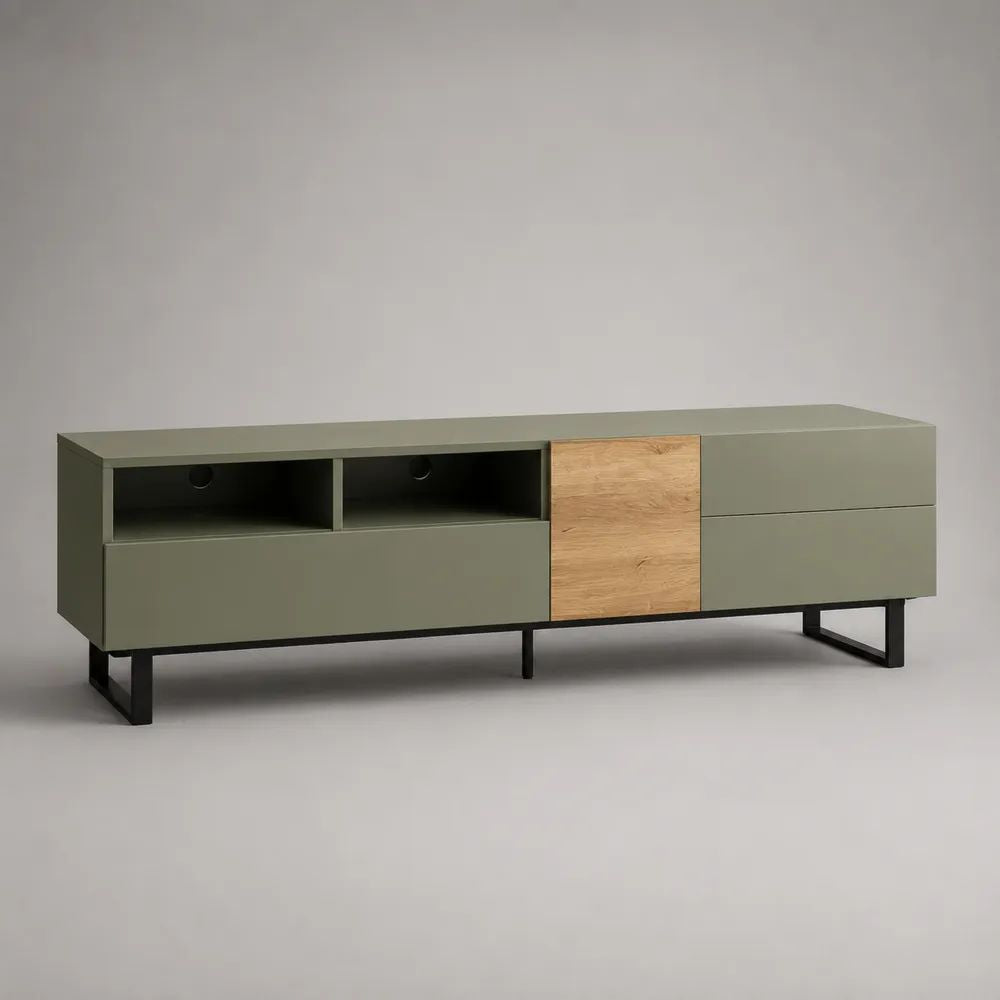 Meuble TV bas en bois et acier, vert olive et effet chêne naturel, 180 × 40 × 60 cm