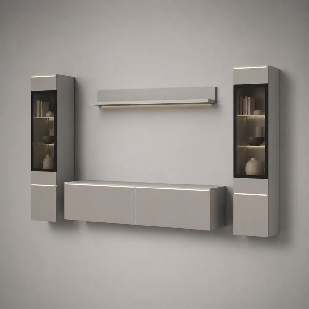 Ensemble meuble TV mural 4 pièces en panneaux de particules et verre, gris clair/anthracite, 270 × 40 × 180 cm