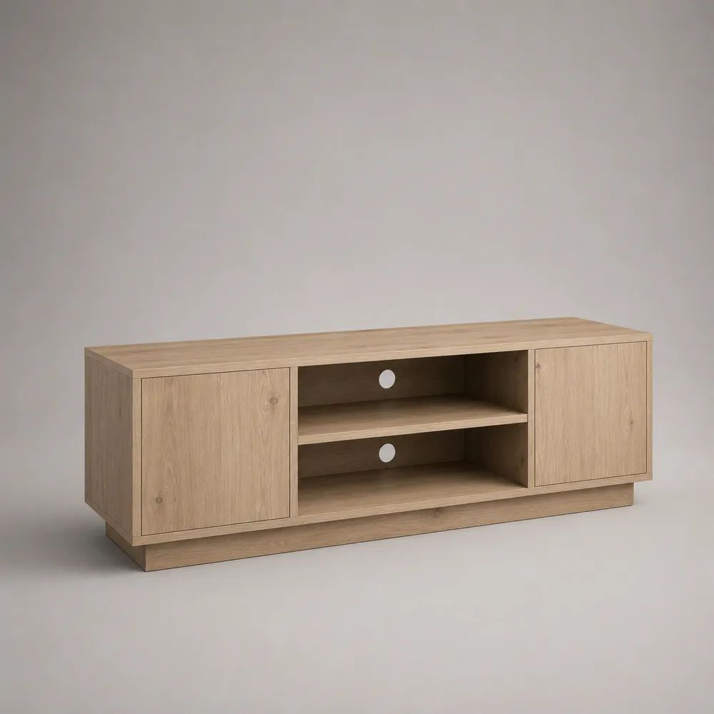 Meuble TV bas rectangulaire en panneaux de particules, 2 portes et 2 niches, chêne clair, 150 × 40 × 55 cm