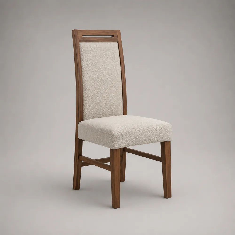 Chaise de salle à manger rembourrée en tissu polyester et bois massif, dossier haut, beige et noyer, 45 × 52 × 100 cm