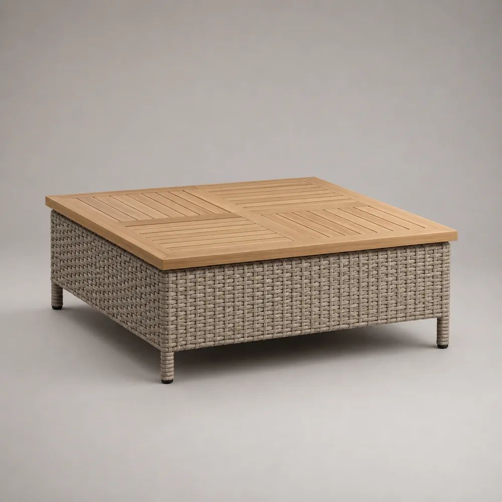 Table basse de jardin carrée en résine tressée PE et bois d’acacia massif, gris taupe et naturel, 80 × 80 × 40 cm