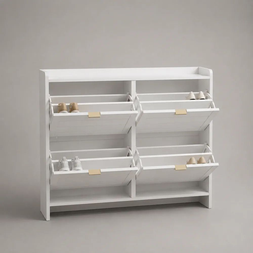 Meuble à chaussures en MDF blanc et doré à 4 abattants, 120 × 24 × 120 cm