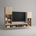 Ensemble meuble TV mural suspendu avec rangements en panneaux de particules mélaminés, chêne clair et blanc cassé, 240 x 35 x 180 cm