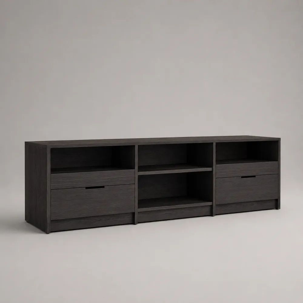 Meuble TV bas rectangulaire en panneaux de particules, 5 tiroirs et 4 niches, noir, 180 × 40 × 60 cm