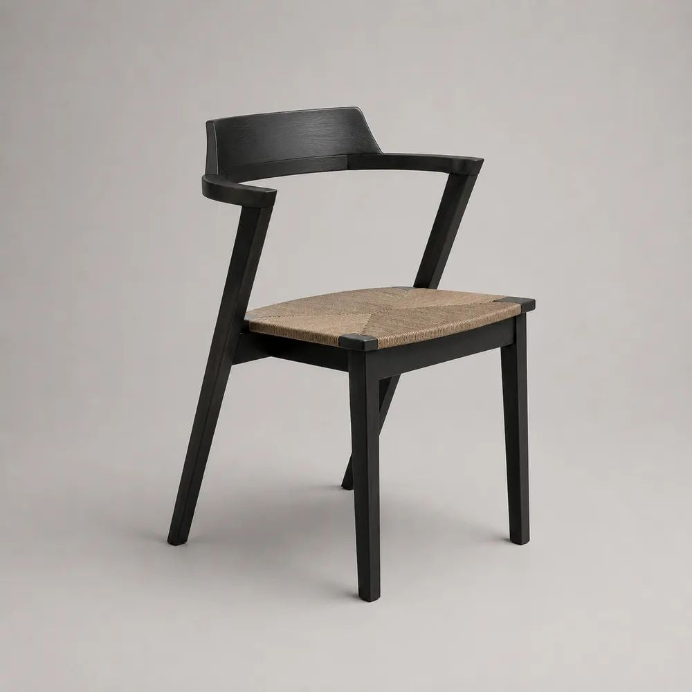 Chaise de salle à manger en hêtre massif et corde de papier, dossier incurvé et accoudoirs, noir et beige, 55 × 53 × 78 cm