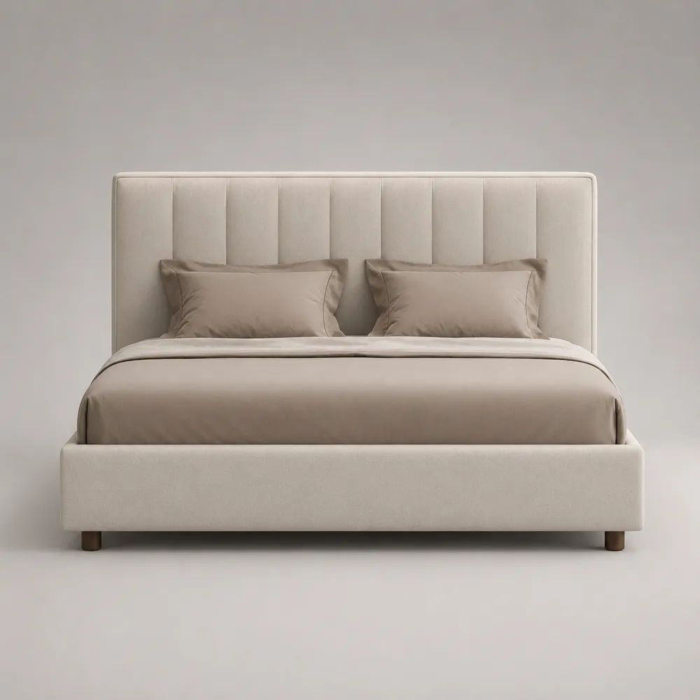 Lit coffre 2 places 160 x 200 cm en bois et tissu polyester beige, tête de lit rembourrée à coutures verticales