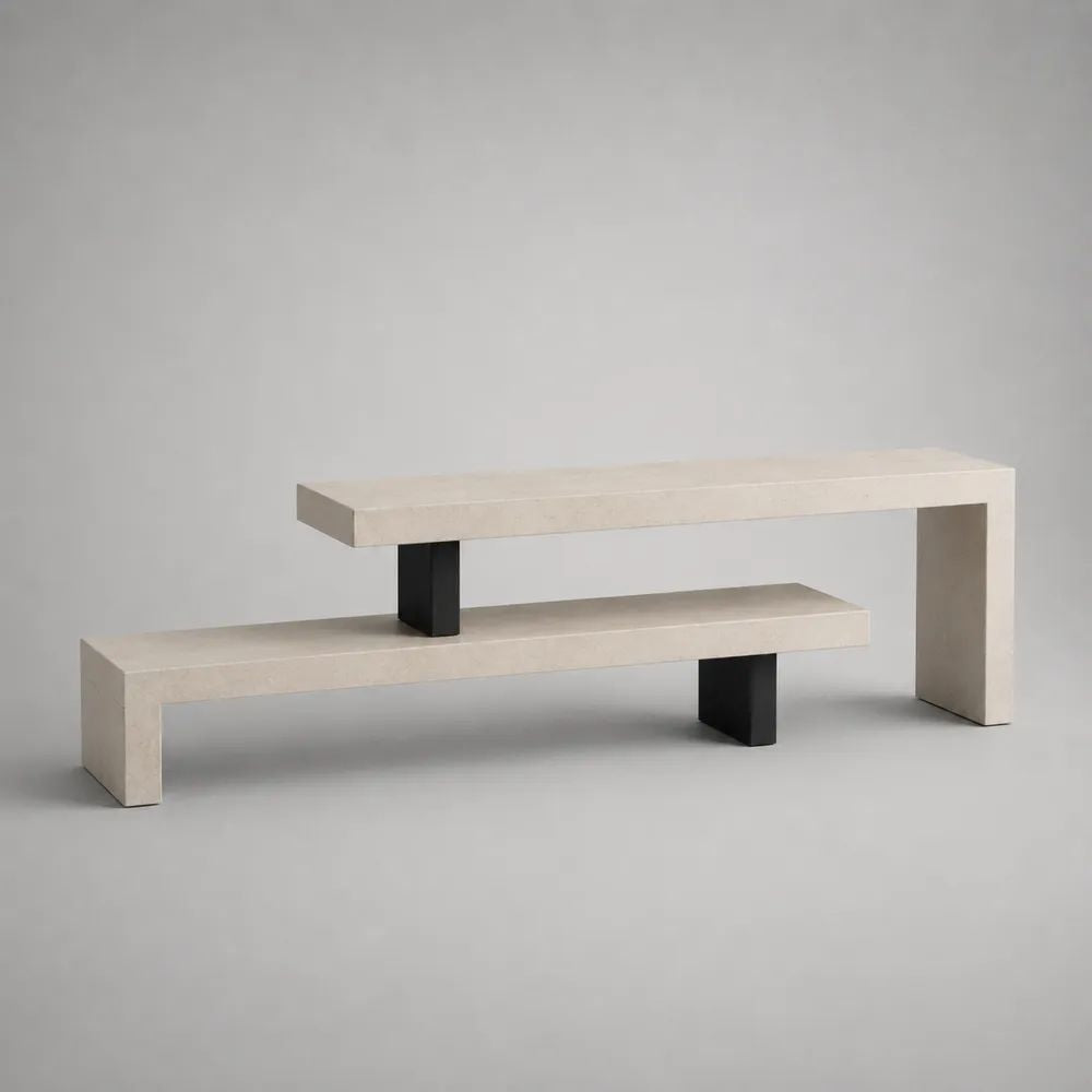 Meuble TV rectangulaire à 2 niveaux en MDF mélaminé effet travertin beige et noir, 180 × 35 × 65 cm