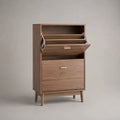 Meuble à chaussures rectangulaire en bois avec 2 abattants et niche ouverte, brun noyer et beige doré, 70 × 30 × 120 cm