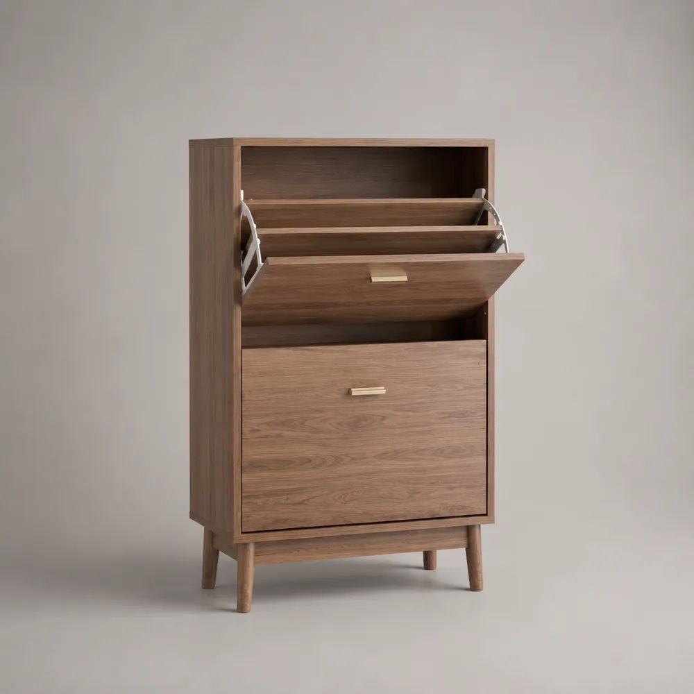 Meuble à chaussures rectangulaire en bois avec 2 abattants et niche ouverte, brun noyer et beige doré, 70 × 30 × 120 cm