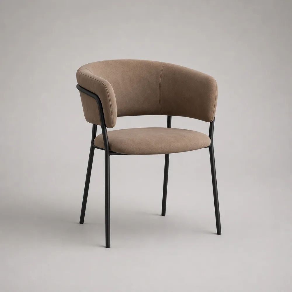 Chaise de salle à manger avec accoudoirs en tissu taupe et acier noir, 57 × 56 × 76 cm