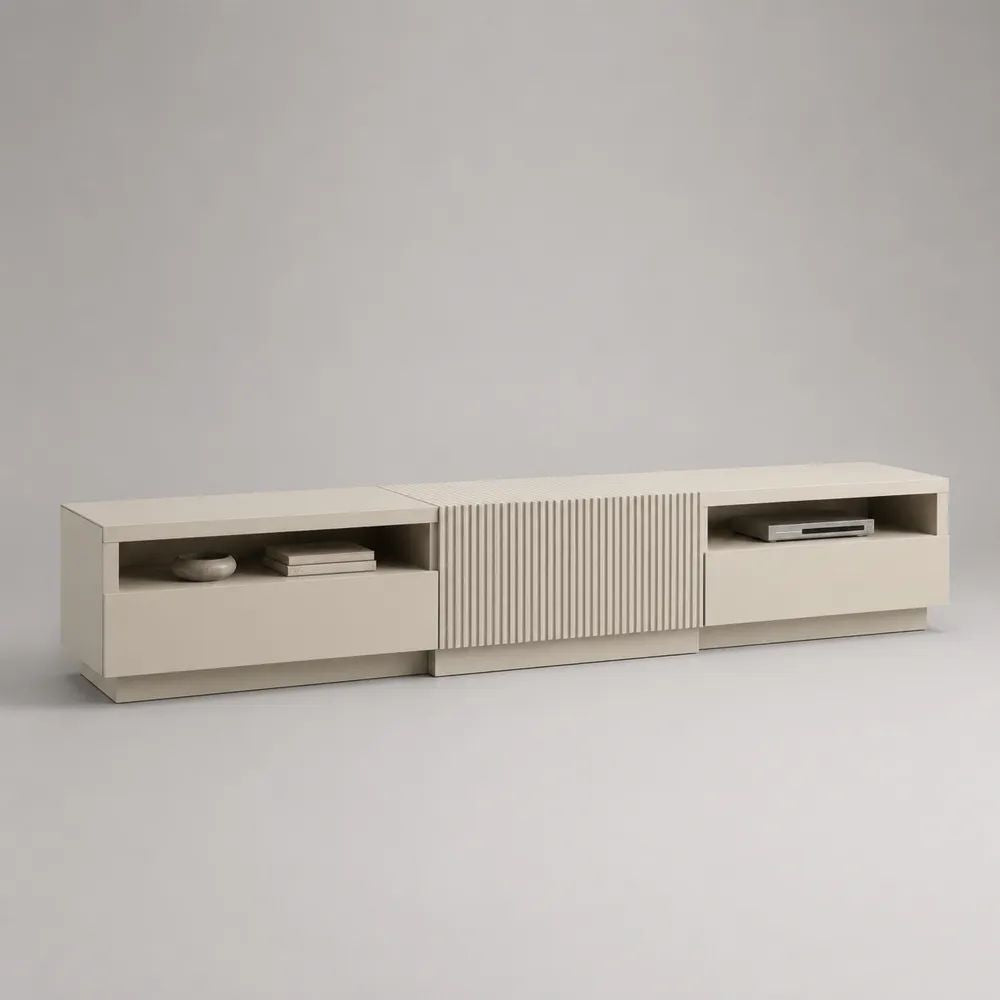 Ensemble meuble TV bas 3 modules en MDF rainuré et panneaux de particules beige, 240 x 40 x 45 cm