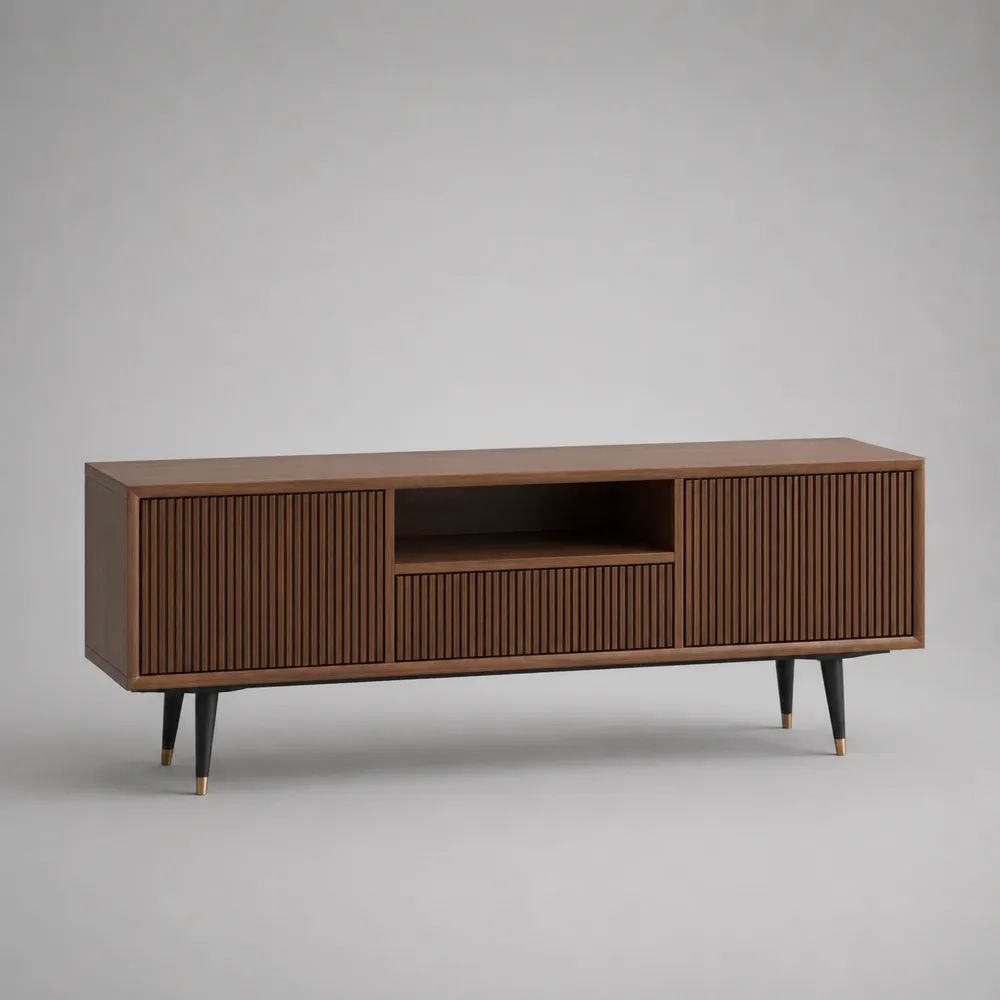 Meuble TV bas rectangulaire en MDF plaqué noyer avec 2 portes, 1 tiroir et 1 niche, brun noyer, noir et doré, 160 × 40 × 60 cm