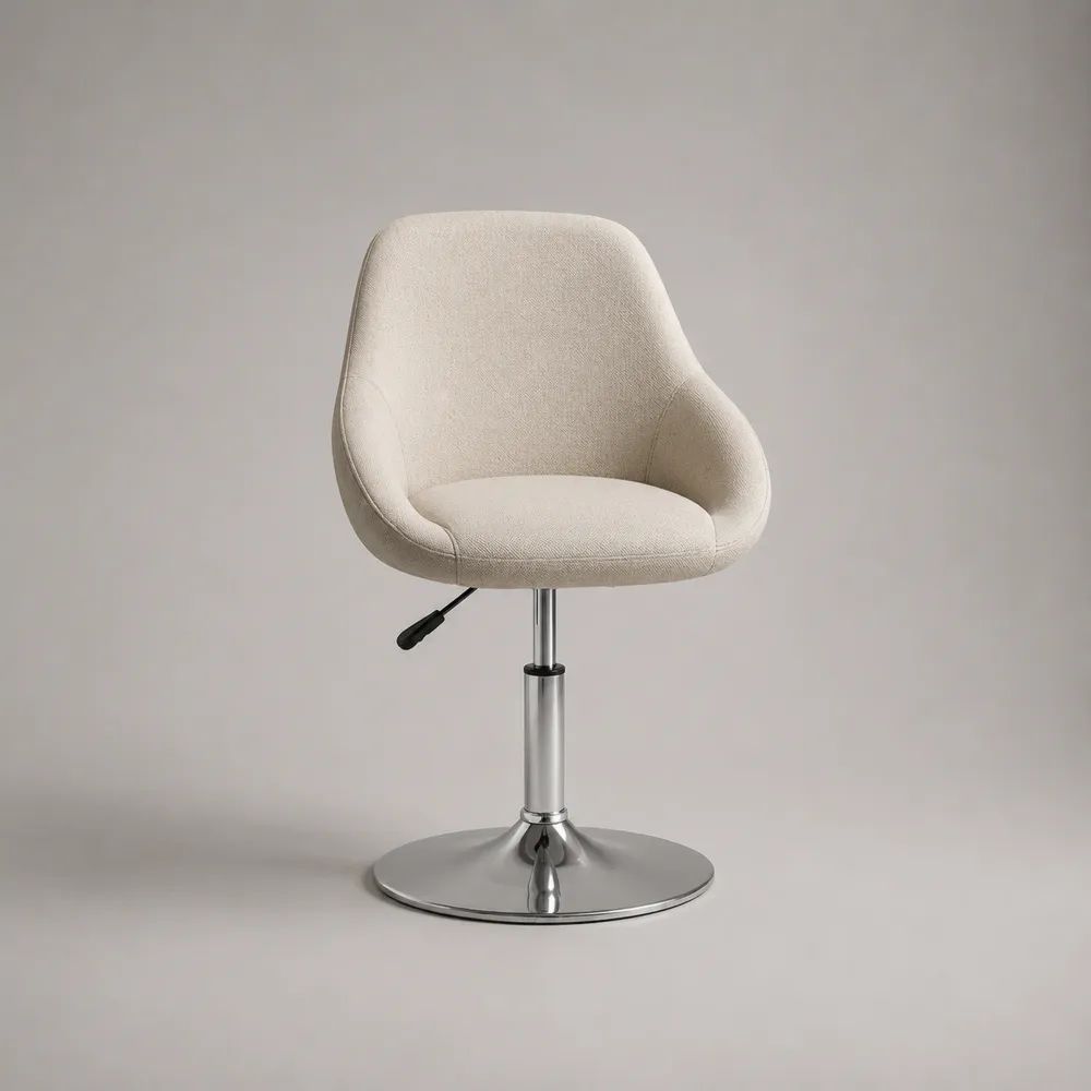 Chaise pivotante réglable en hauteur avec dossier enveloppant, tissu écru et acier chromé, 55 × 56 × 78-88 cm