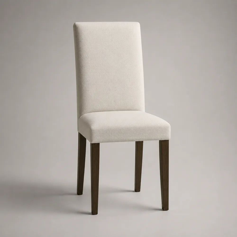 Chaise de salle à manger rembourrée en tissu écru avec pieds en bois brun foncé, 46 x 56 x 96 cm