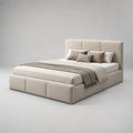 Lit coffre double 160 x 200 cm en tissu beige avec tête de lit à panneaux, 180 x 220 x 115 cm