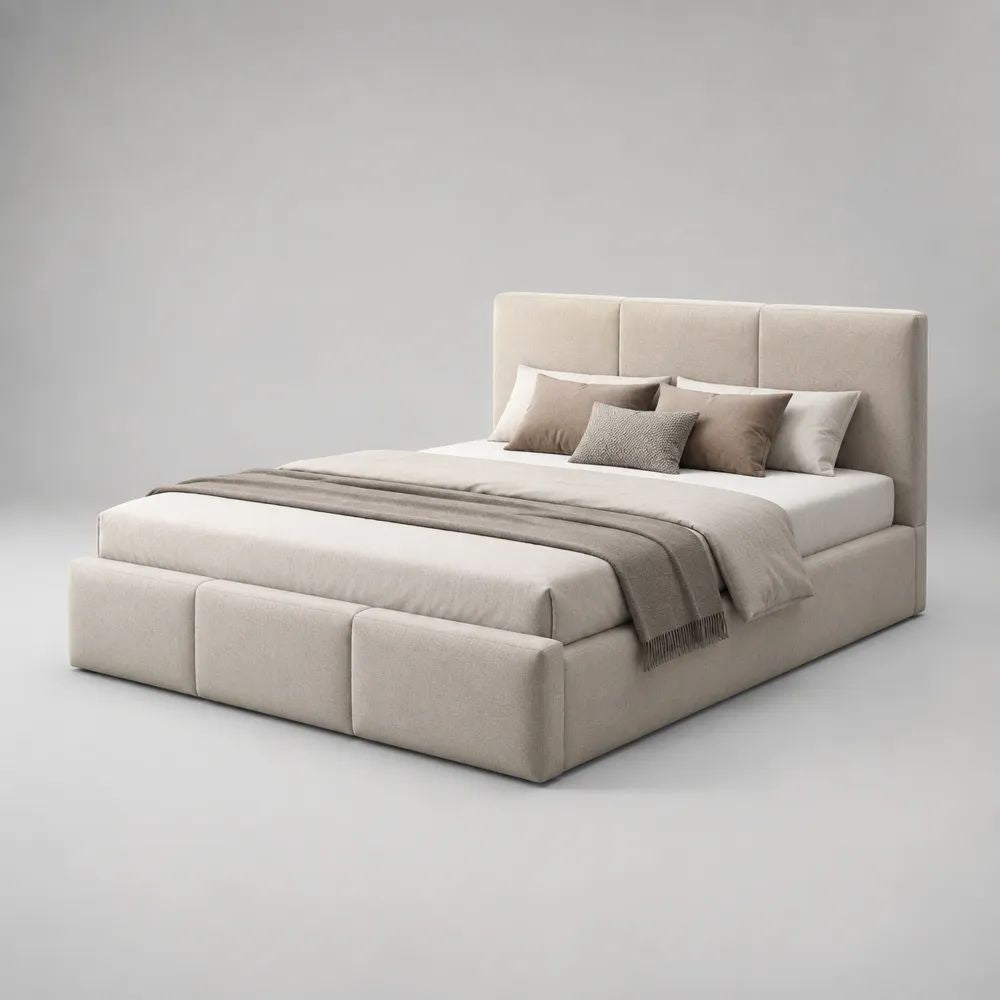 Lit coffre double 160 x 200 cm en tissu beige avec tête de lit à panneaux, 180 x 220 x 115 cm