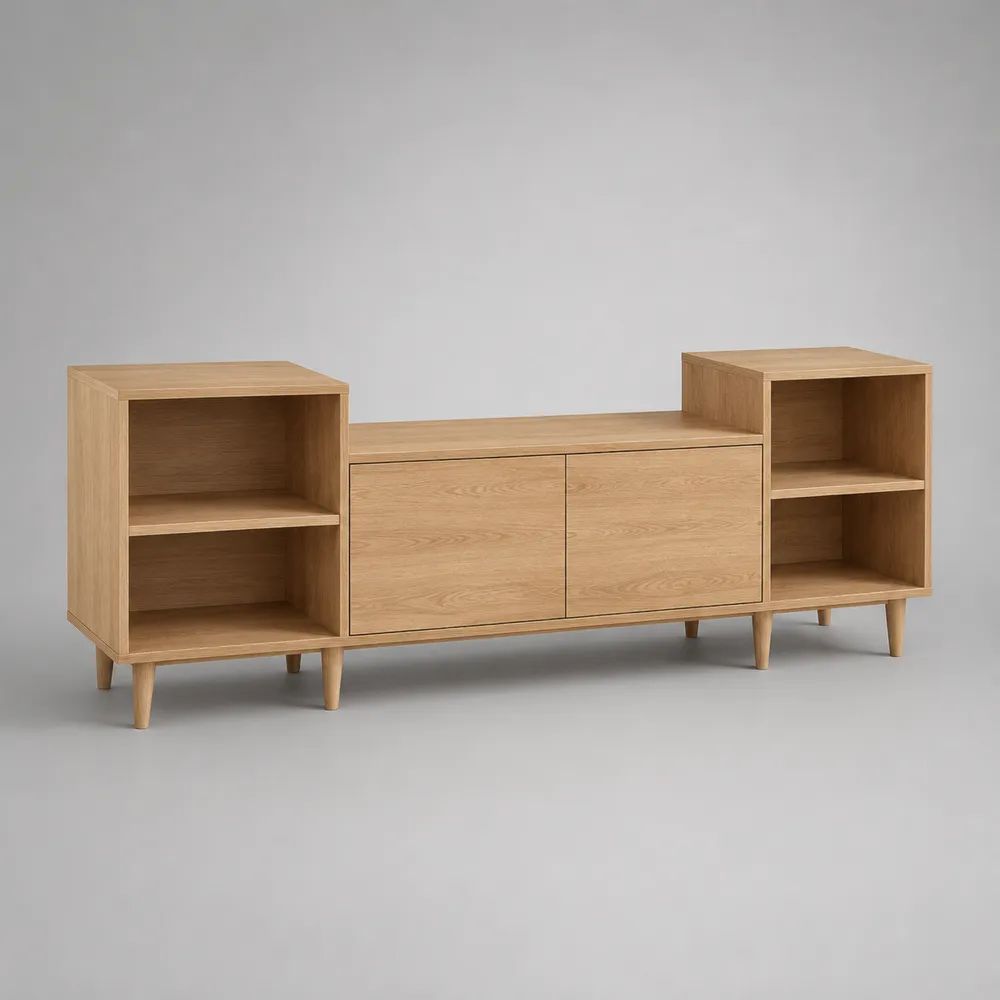 Meuble TV rectangulaire en bois, 4 niches et 2 portes, chêne naturel, 200 × 40 × 78 cm