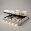 Lit coffre double 160 x 200 cm rembourré en polyester beige et noir avec sommier relevable et éclairage LED