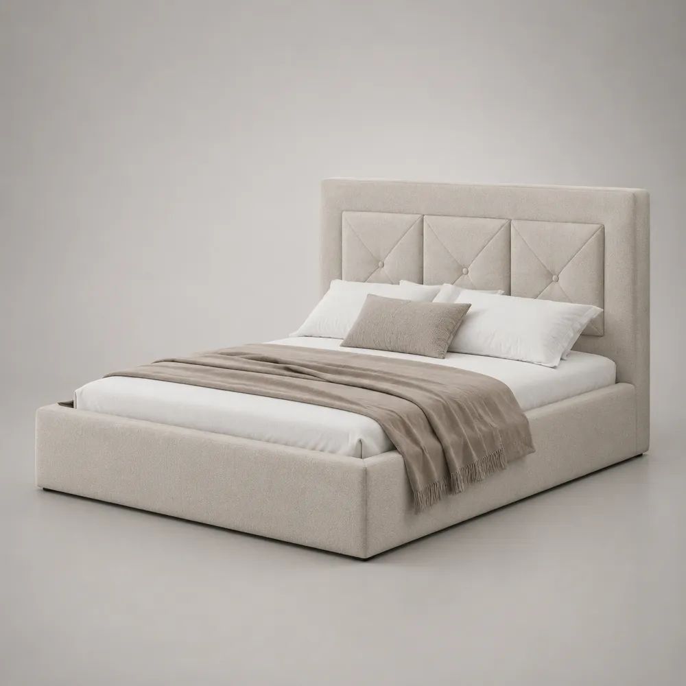 Lit coffre double 160 x 200 cm en polyester beige avec tête de lit capitonnée, 176 x 215 x 120 cm
