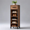 Meuble à chaussures étroit 10 paires avec tiroir en panneau de particules décor chêne brun et acier noir, 50 × 35 × 140 cm