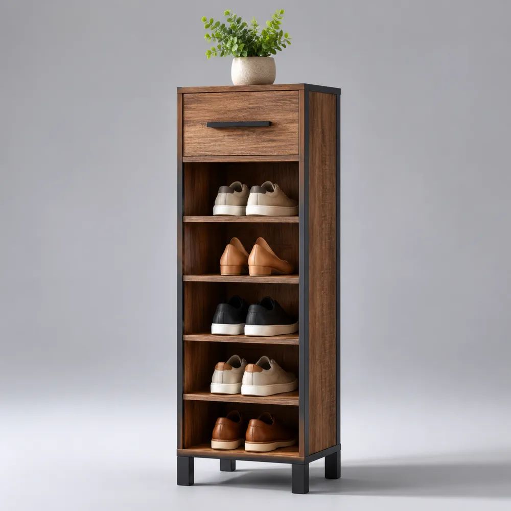 Meuble à chaussures étroit 10 paires avec tiroir en panneau de particules décor chêne brun et acier noir, 50 × 35 × 140 cm