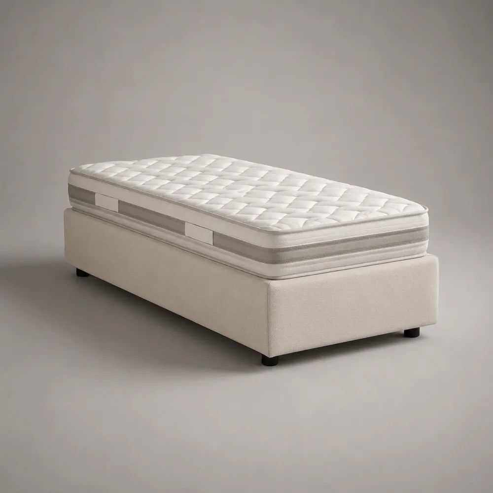Lit coffre 1 place en tissu avec matelas en mousse, blanc cassé et gris clair, 90 x 190 cm