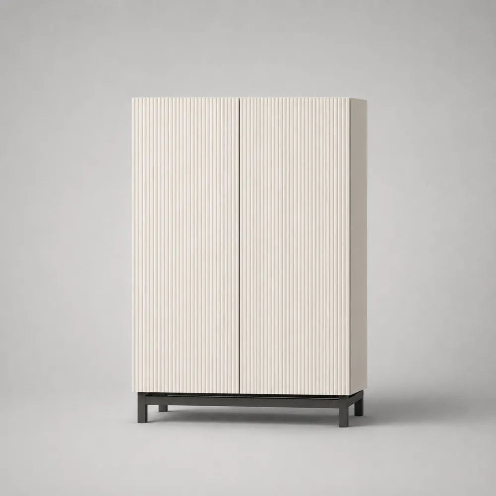 Meuble à chaussures rectangulaire en bois et métal à 2 portes rainurées, blanc cassé et noir, 80 × 35 × 130 cm