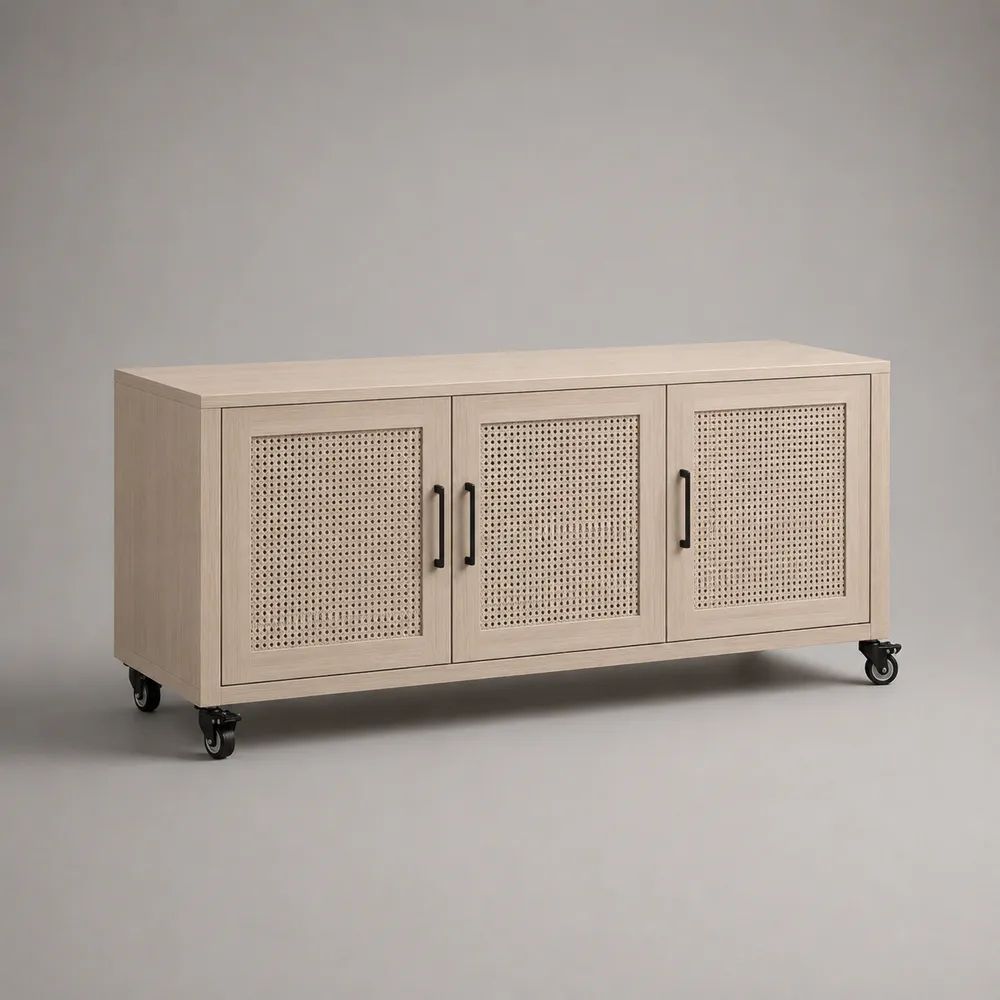 Meuble TV à roulettes 3 portes en MDF et rotin naturel, chêne clair et noir, 140 × 40 × 70 cm