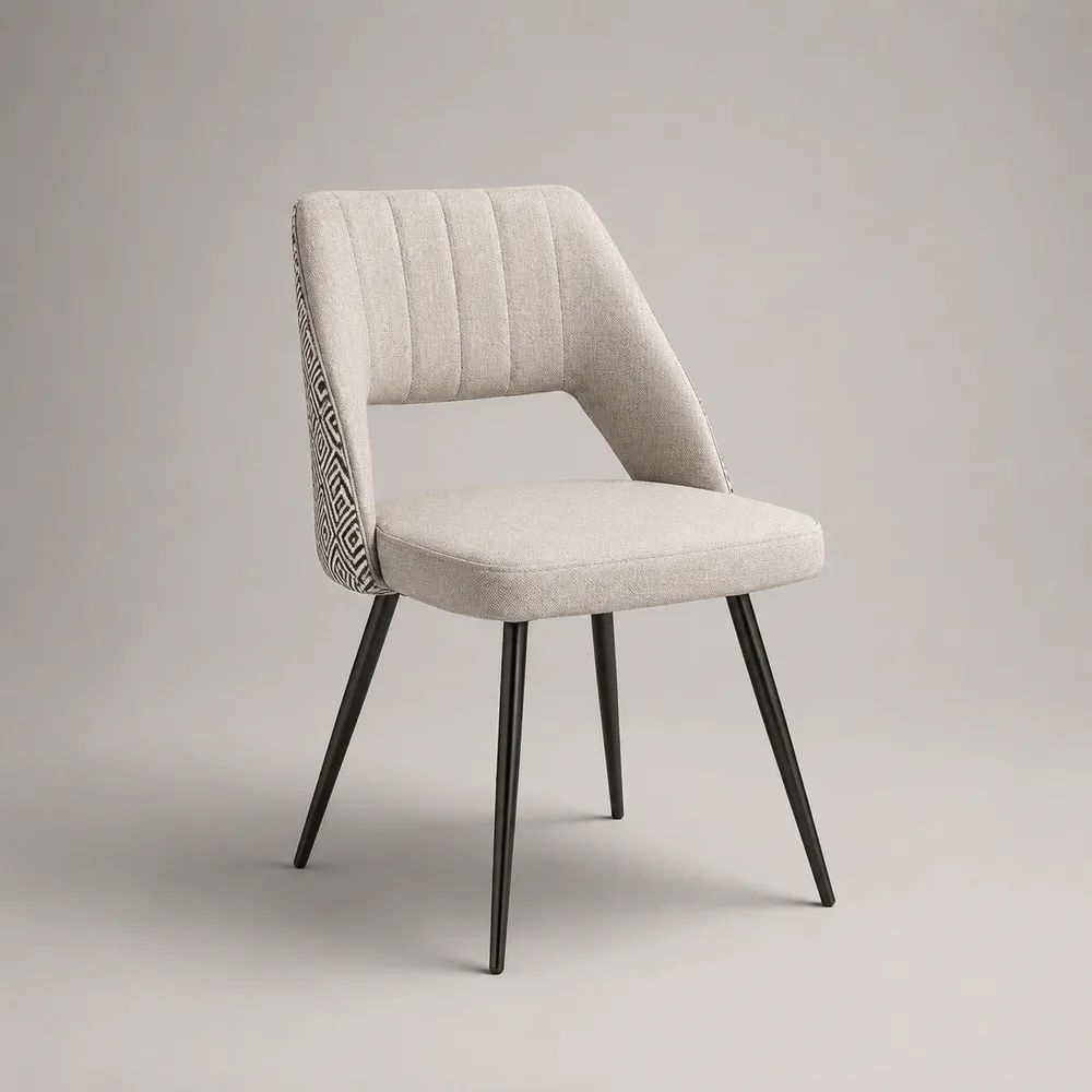Chaise de salle à manger rembourrée en polyester et acier noir, dossier ajouré beige, 55 × 58 × 82 cm