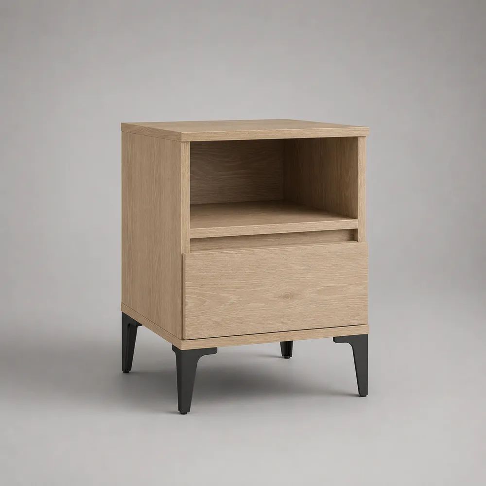 Meuble à chaussures rectangulaire en bois et métal avec 1 abattant et niche ouverte, chêne clair et noir, 50 × 35 × 80 cm