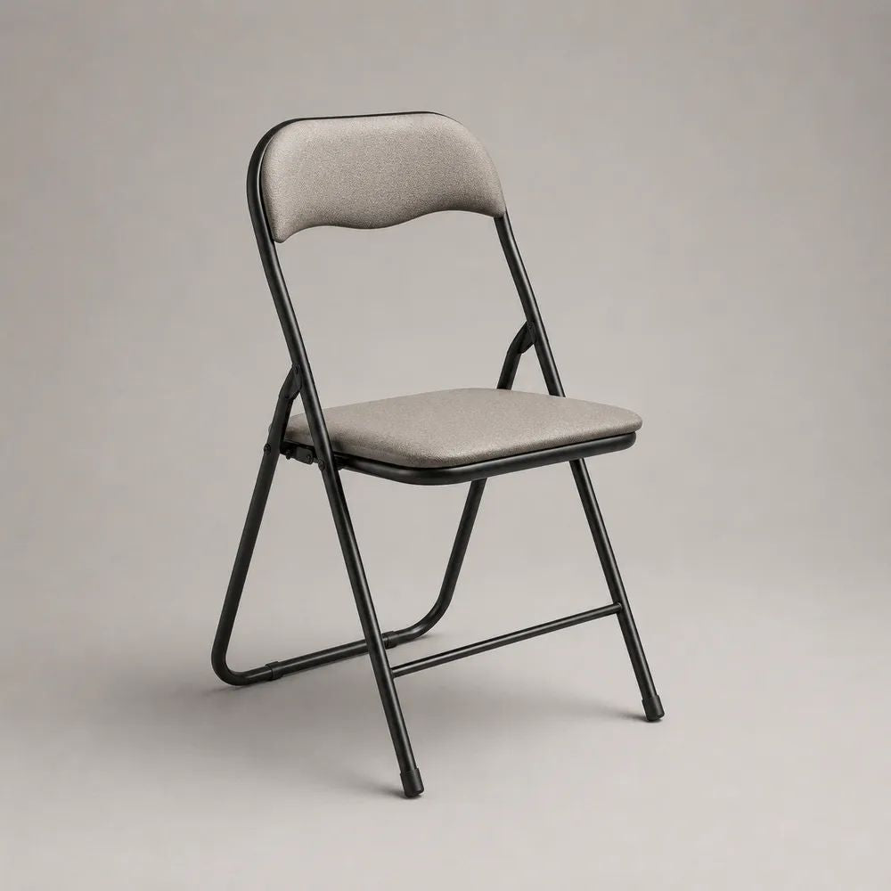 Chaise pliante rembourrée en acier et tissu gris et noir, 47 × 53 × 79 cm