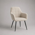 Fauteuil rembourré en tissu beige avec accoudoirs et pieds en acier noir, 59 × 62 × 85 cm