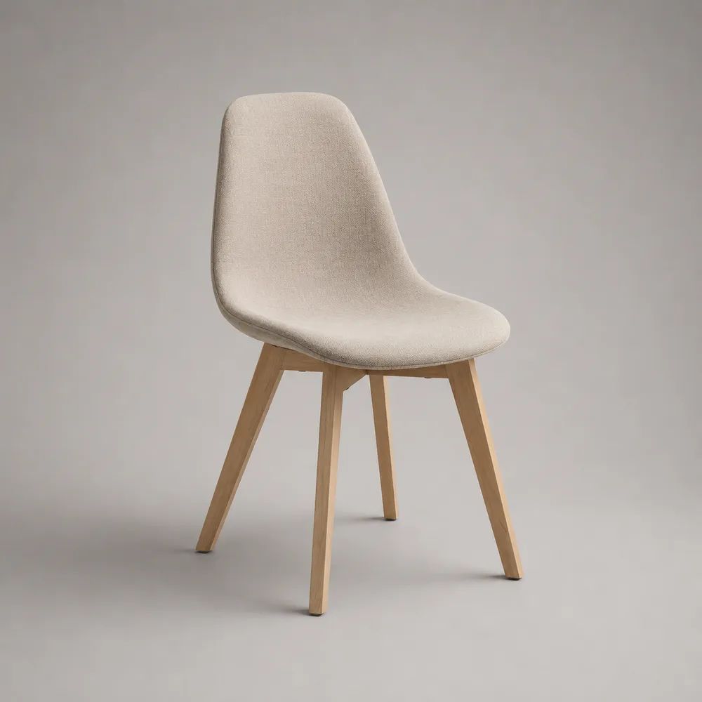 Chaise rembourrée à dossier arrondi en tissu beige et bois, 49 × 55 × 84 cm